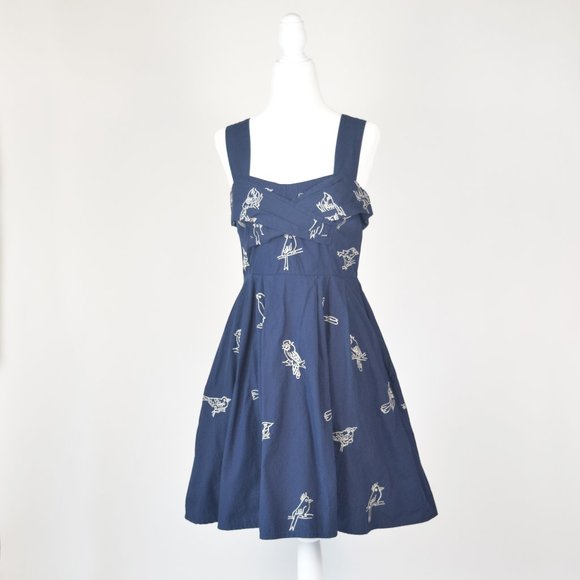 Eshakti Navy Blue Flattering Fun Dress w/ Embroidered White Birds, Size Small S - Picture 2 of 10